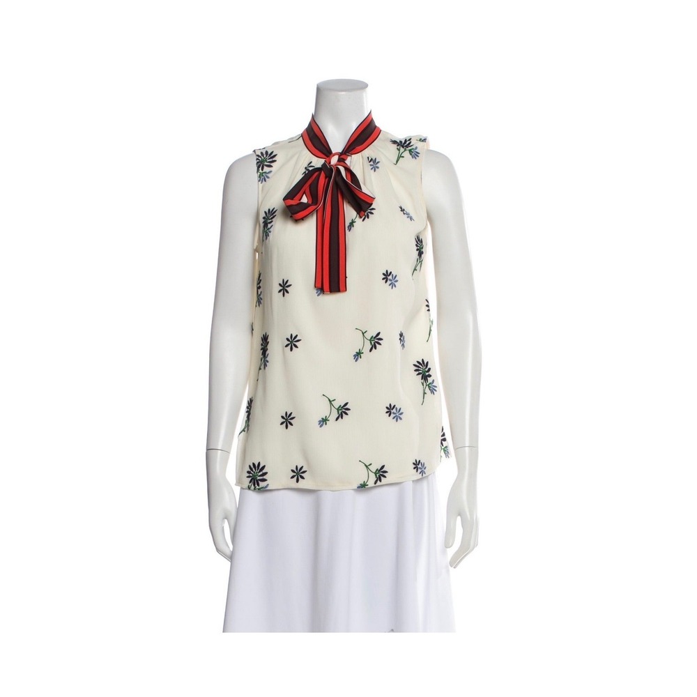 Tory Burch Floral Print Sleeveless Tie Neck Blouse Women's 4 Embroidered